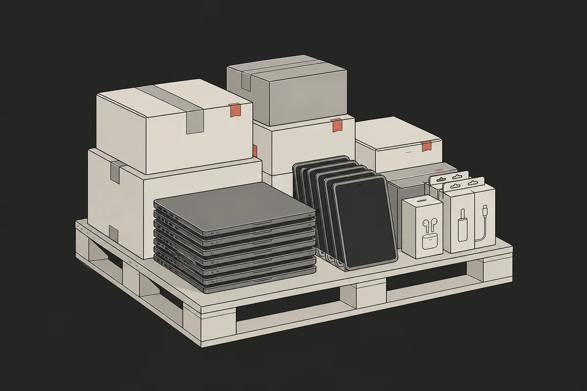 Electronics inventory arranged for direct purchase on a warehouse pallet